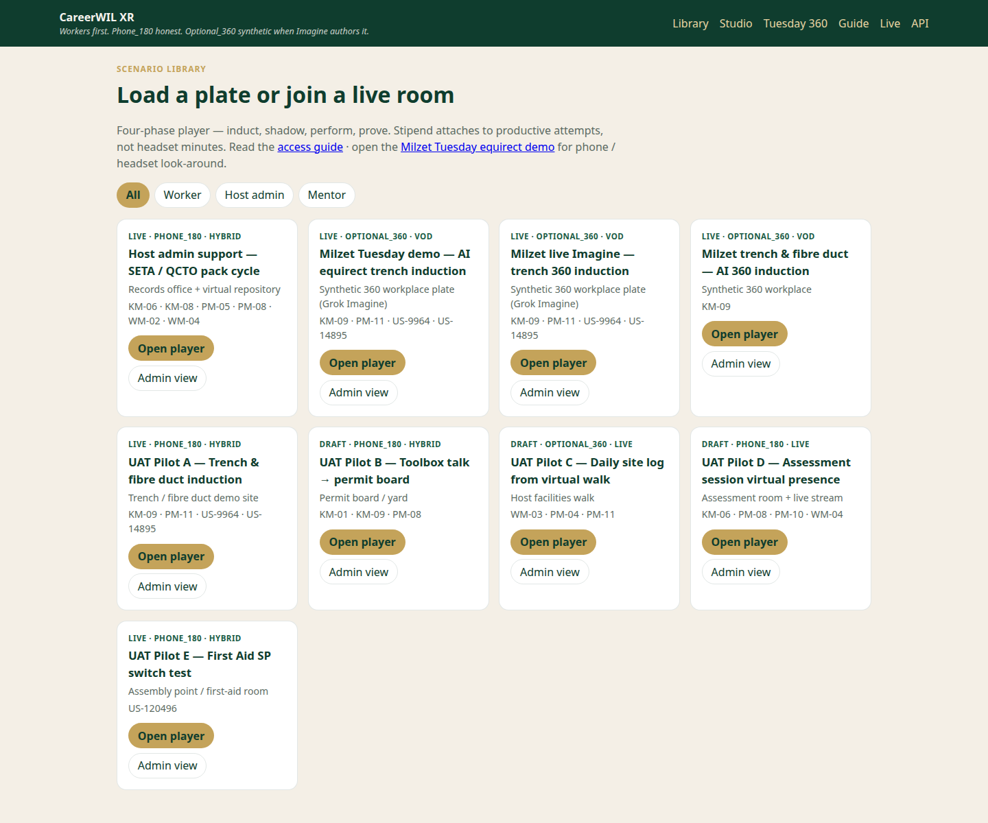Full CareerWIL XR library with scenario cards and role filters