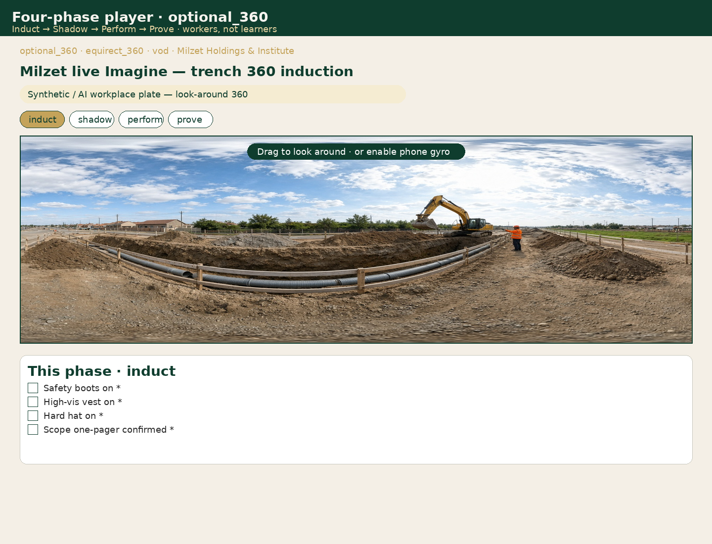 Complete optional_360 player with panorama stage and induct checklist