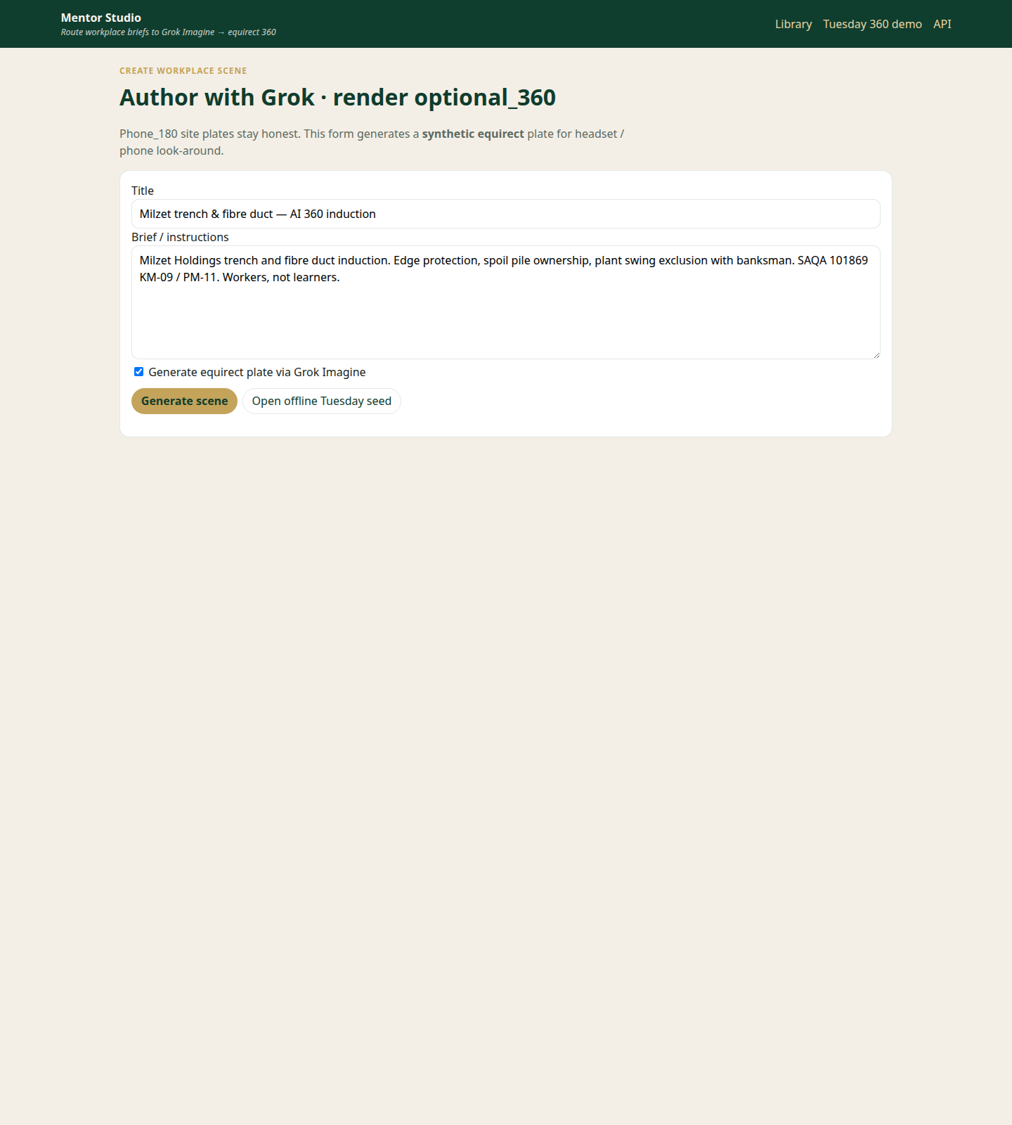 Mentor Studio form for Grok Imagine scene generation